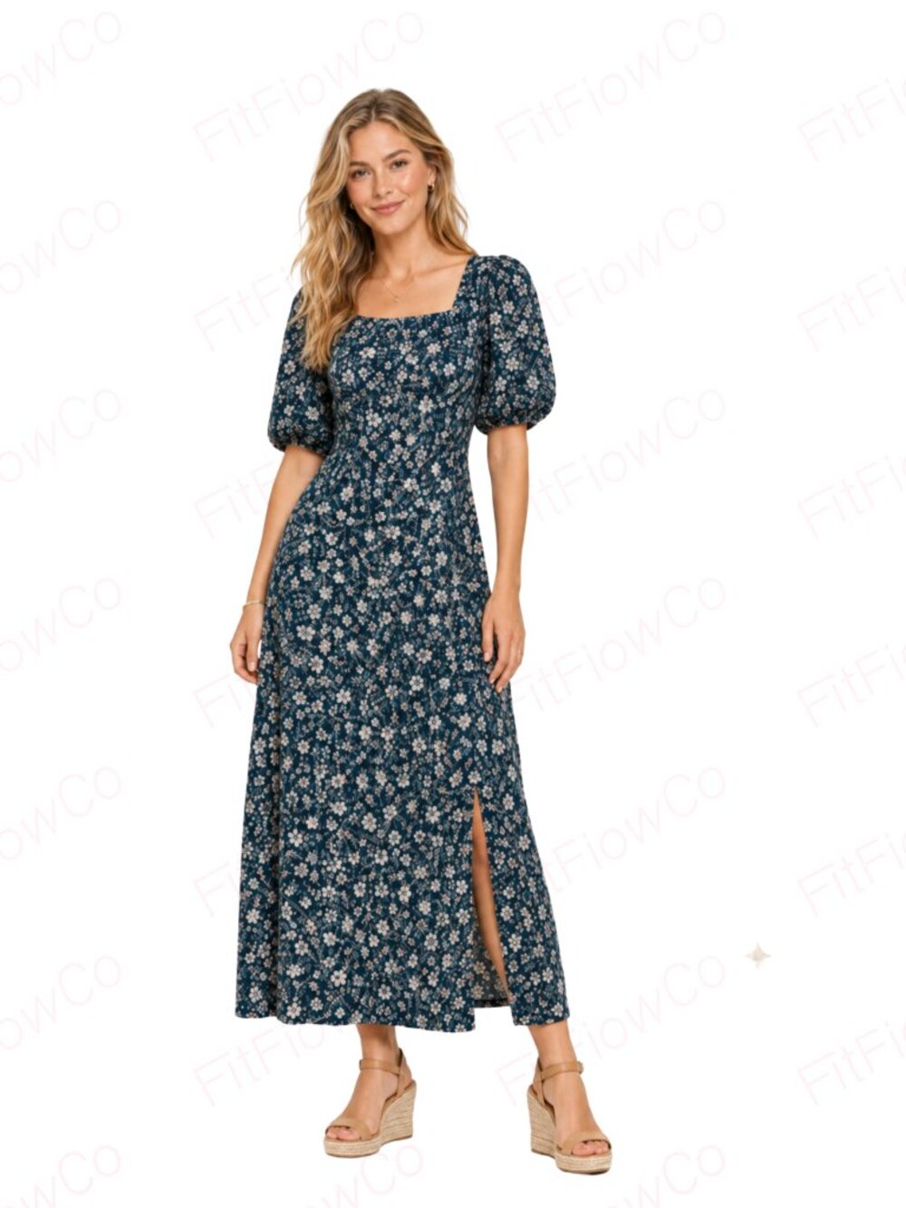 Old Navy Navy Floral Midi Dress L Puff Sleeve Smocked Back Open Keyhole
